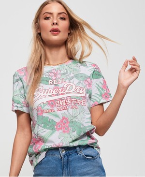 Superdry Vintage Logo Tropical All Over Print Női Pólók Fehér/Zöld/Rózsaszín | DSBWZ5730